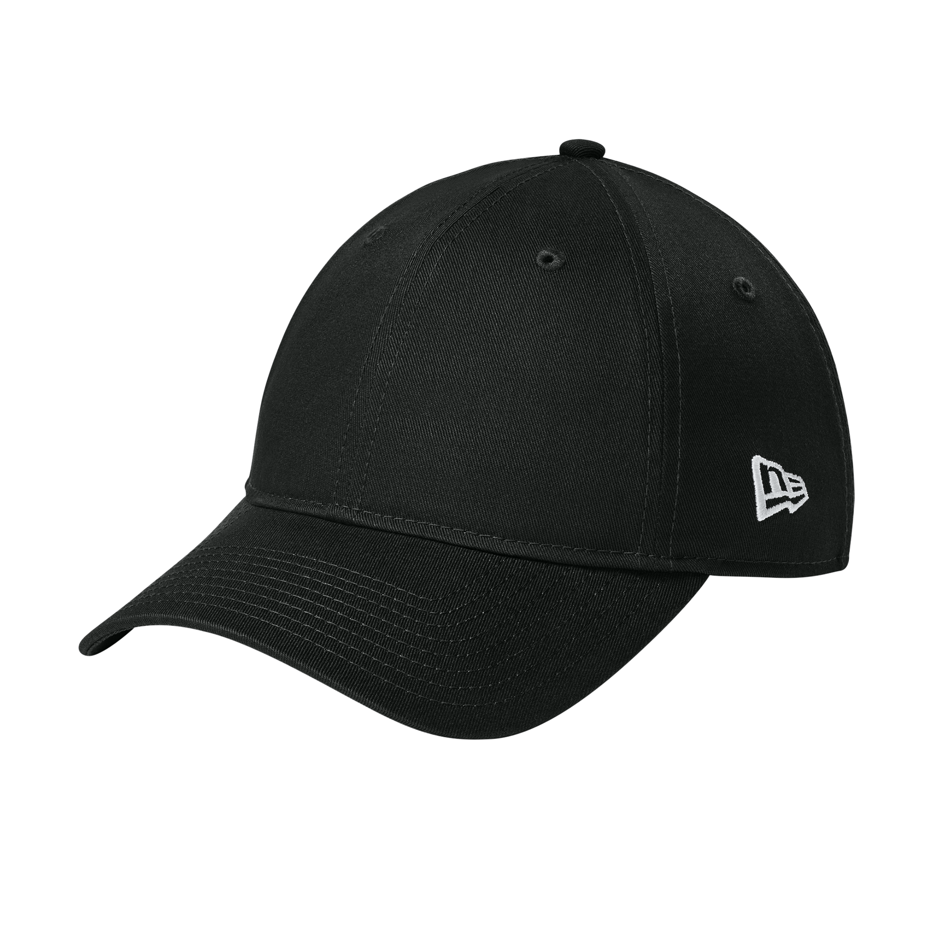 Black baseball cap with a New Era logo on a white background
